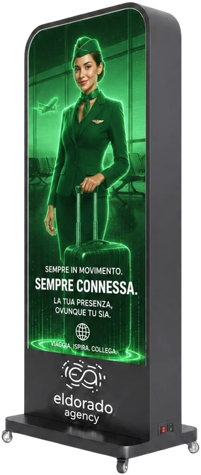 Holographic totem in an airport showing airline content