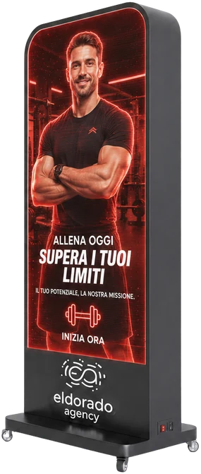 Holographic totem in a premium gym showing fitness content