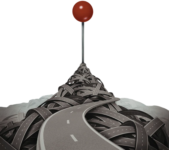 A tangle of overlapping roads with a marker pin on top